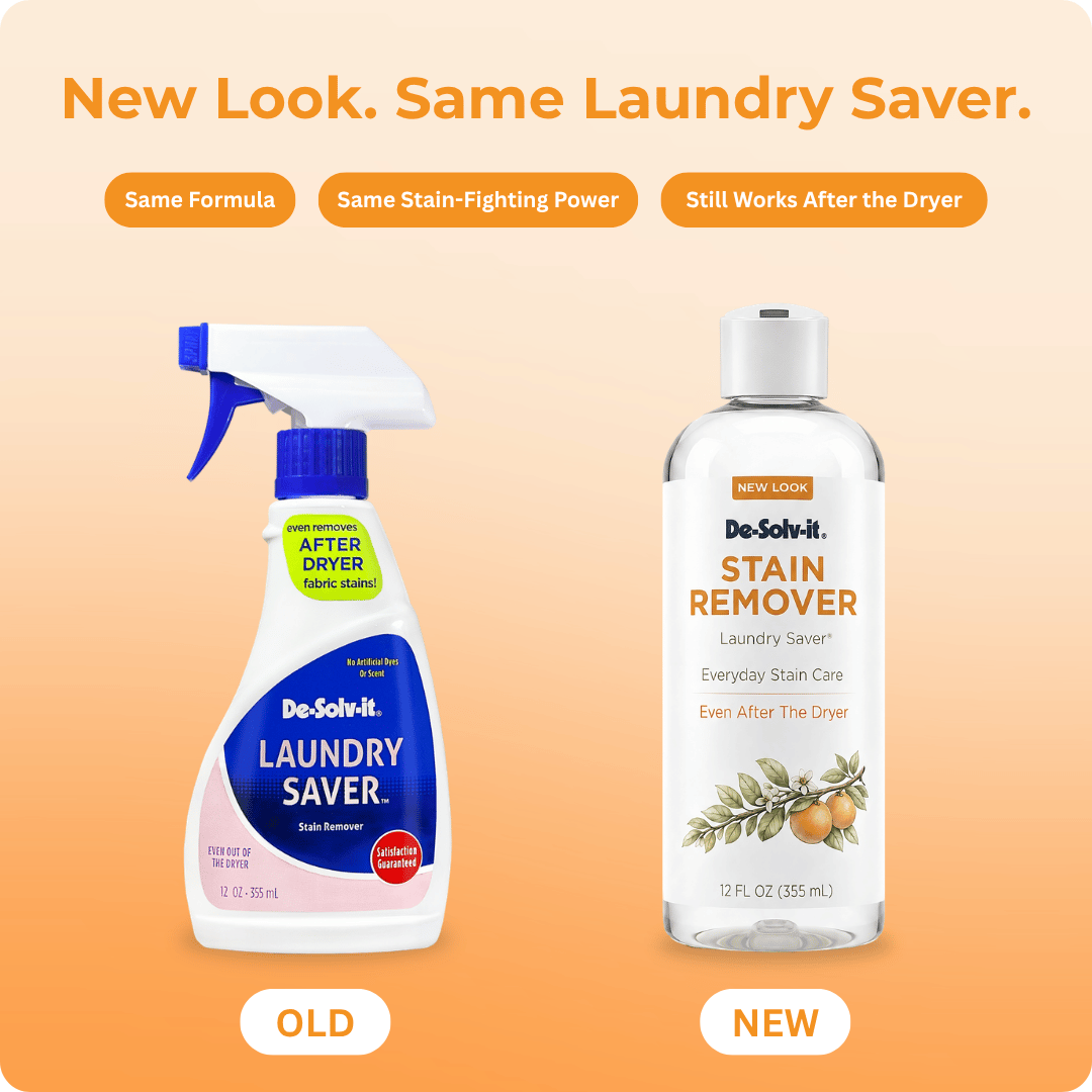 Comparison of De-Solv-It Laundry Saver 'Old Style' and 'New Style' bottle and labels on a orange background.